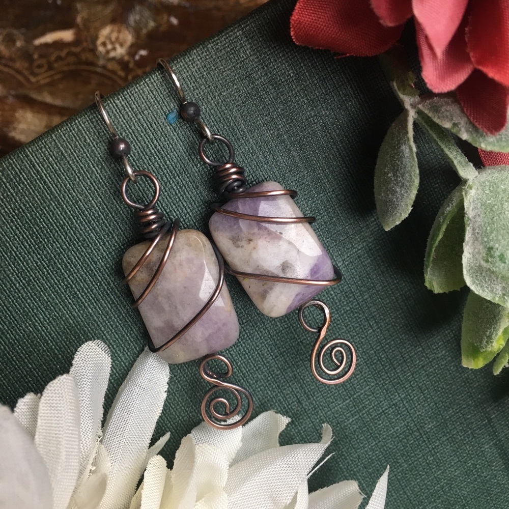 Amethyst bead copper wire wrap earrings 925 silver - Picture 4 of 5